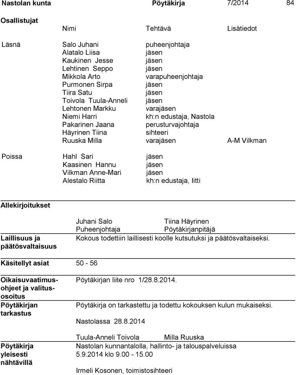 varajäsen A-M Vilkman Poissa Hahl Sari jäsen Kaasinen Hannu jäsen Vilkman Anne-Mari jäsen Alestalo Riitta kh:n edustaja, Iitti Allekirjoitukset Laillisuus ja päätösvaltaisuus Juhani Salo Tiina