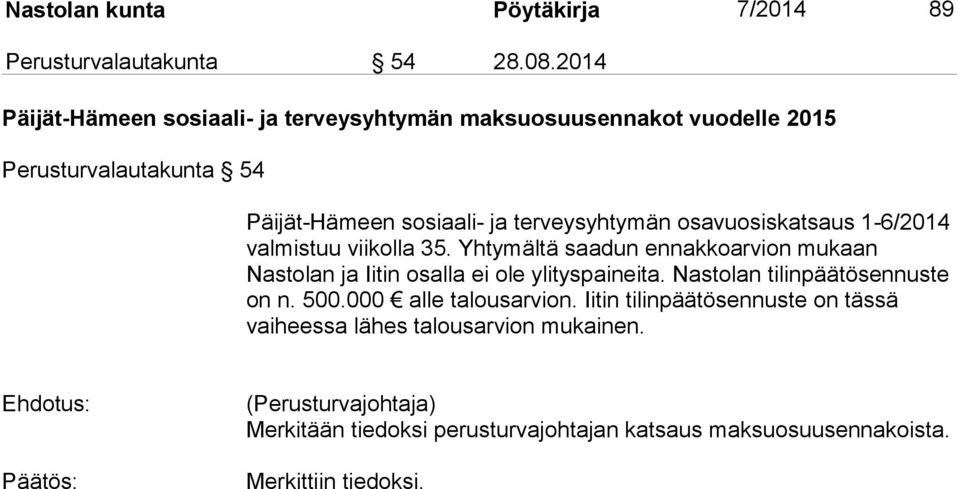 osavuosiskatsaus 1-6/2014 valmistuu viikolla 35. Yhtymältä saadun ennakkoarvion mukaan Nastolan ja Iitin osalla ei ole ylityspaineita.