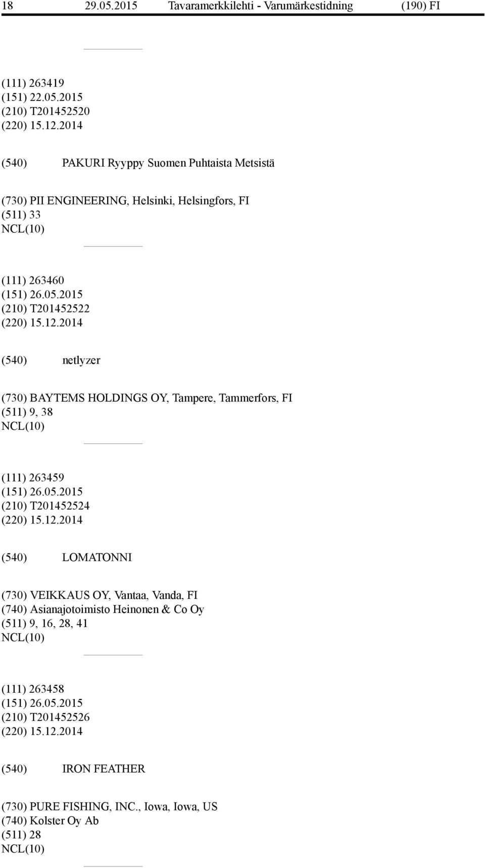 2015 (210) T201452522 (220) 15.12.2014 netlyzer (730) BAYTEMS HOLDINGS OY, Tampere, Tammerfors, FI (511) 9, 38 (111) 263459 (151) 26.05.