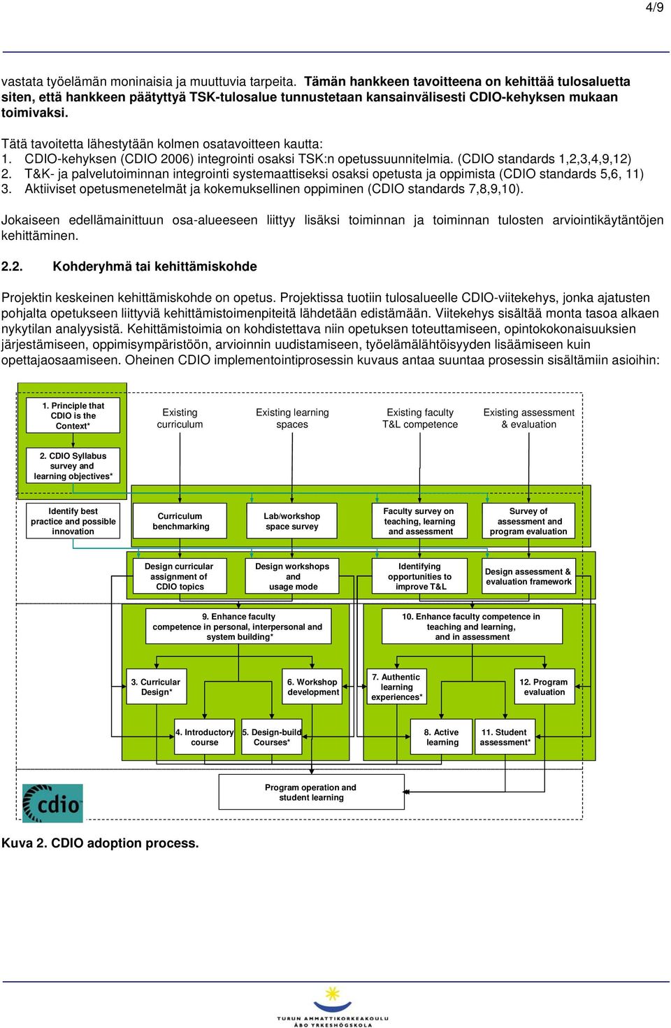 Tätä tavoitetta lähestytään kolmen osatavoitteen kautta: 1. CDIO-kehyksen (CDIO 2006) integrointi osaksi TSK:n opetussuunnitelmia. (CDIO standards 1,2,3,4,9,12) 2.