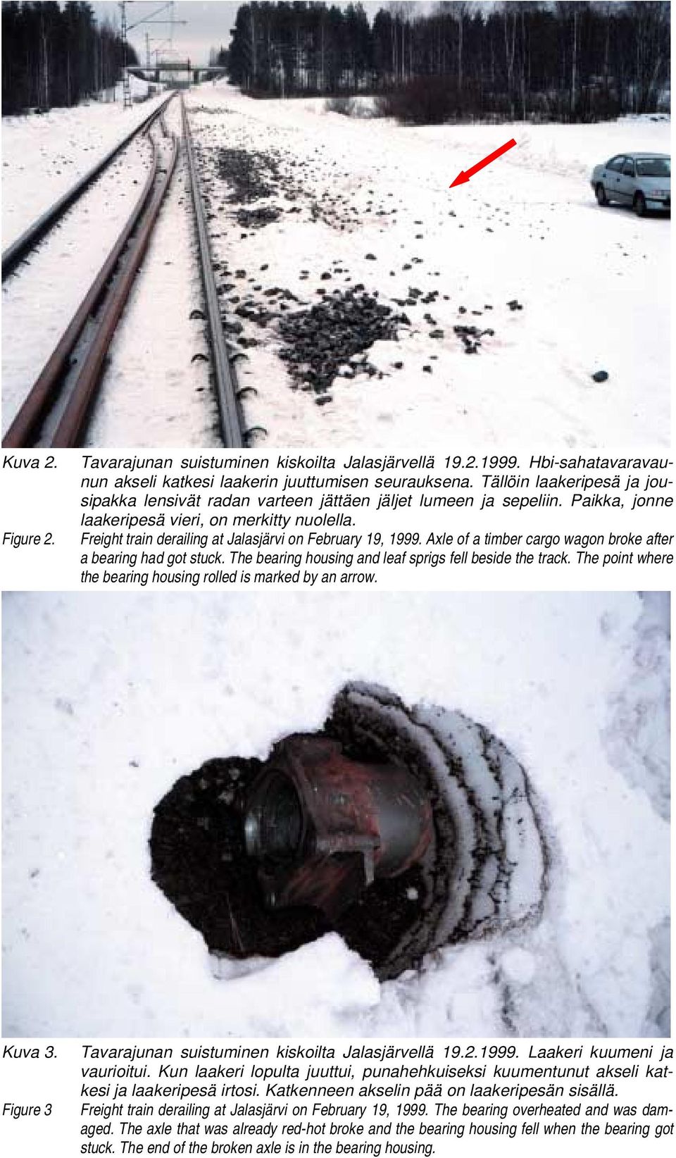 The bearing housing and leaf sprigs fell beside the track. The point where the bearing housing rolled is marked by an arrow. Kuva 3. Figure 3. Laakeri kuumeni ja vaurioitui.