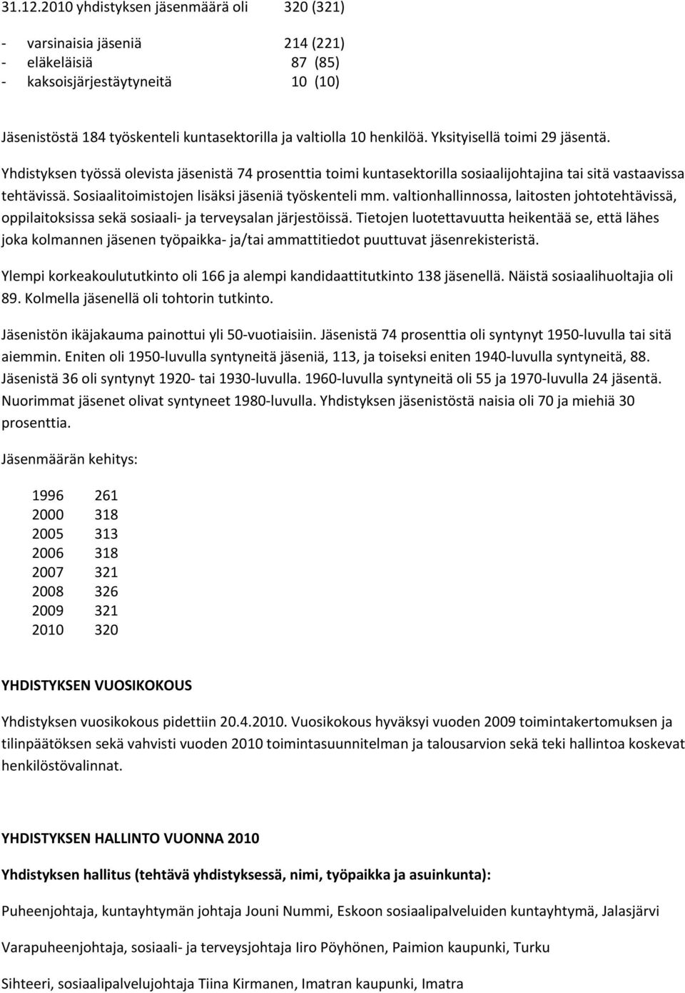 Sosiaalitoimistojen lisäksi jäseniä työskenteli mm. valtionhallinnossa, laitosten johtotehtävissä, oppilaitoksissa sekä sosiaali ja terveysalan järjestöissä.
