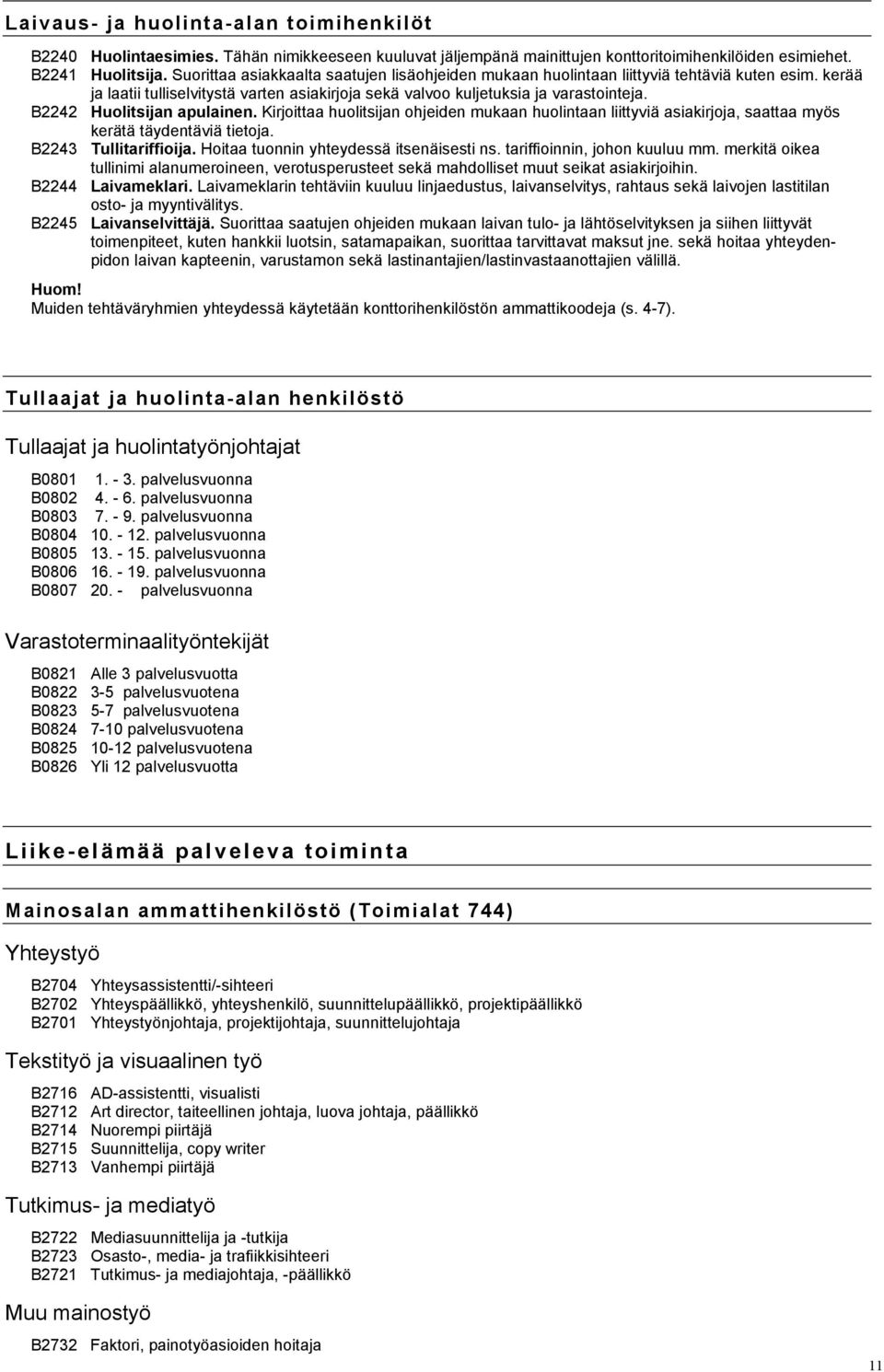 B2242 Huolitsijan apulainen. Kirjoittaa huolitsijan ohjeiden mukaan huolintaan liittyviä asiakirjoja, saattaa myös kerätä täydentäviä tietoja. B2243 Tullitariffioija.