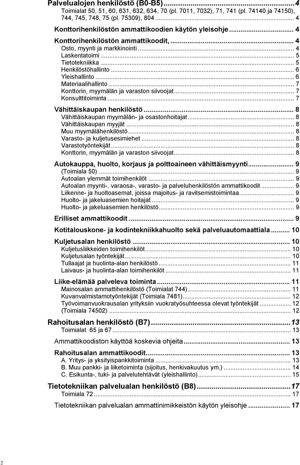 .. 6 Yleishallinto... 6 Materiaalihallinto... 7 Konttorin, myymälän ja varaston siivoojat... 7 Konsulttitoiminta... 7 Vähittäiskaupan henkilöstö... 8 Vähittäiskaupan myymälän- ja osastonhoitajat.