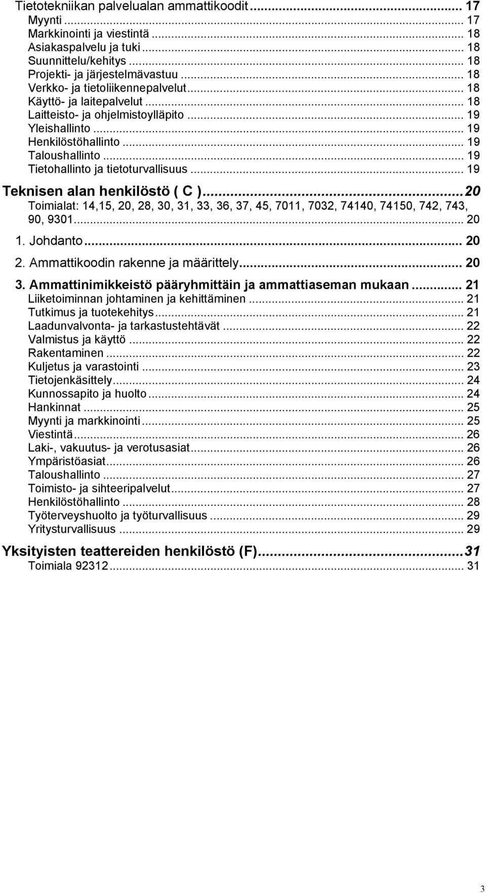 .. 19 Tietohallinto ja tietoturvallisuus... 19 Teknisen alan henkilöstö ( C )...20 Toimialat: 14,15, 20, 28, 30, 31, 33, 36, 37, 45, 7011, 7032, 74140, 74150, 742, 743, 90, 9301... 20 1. Johdanto.