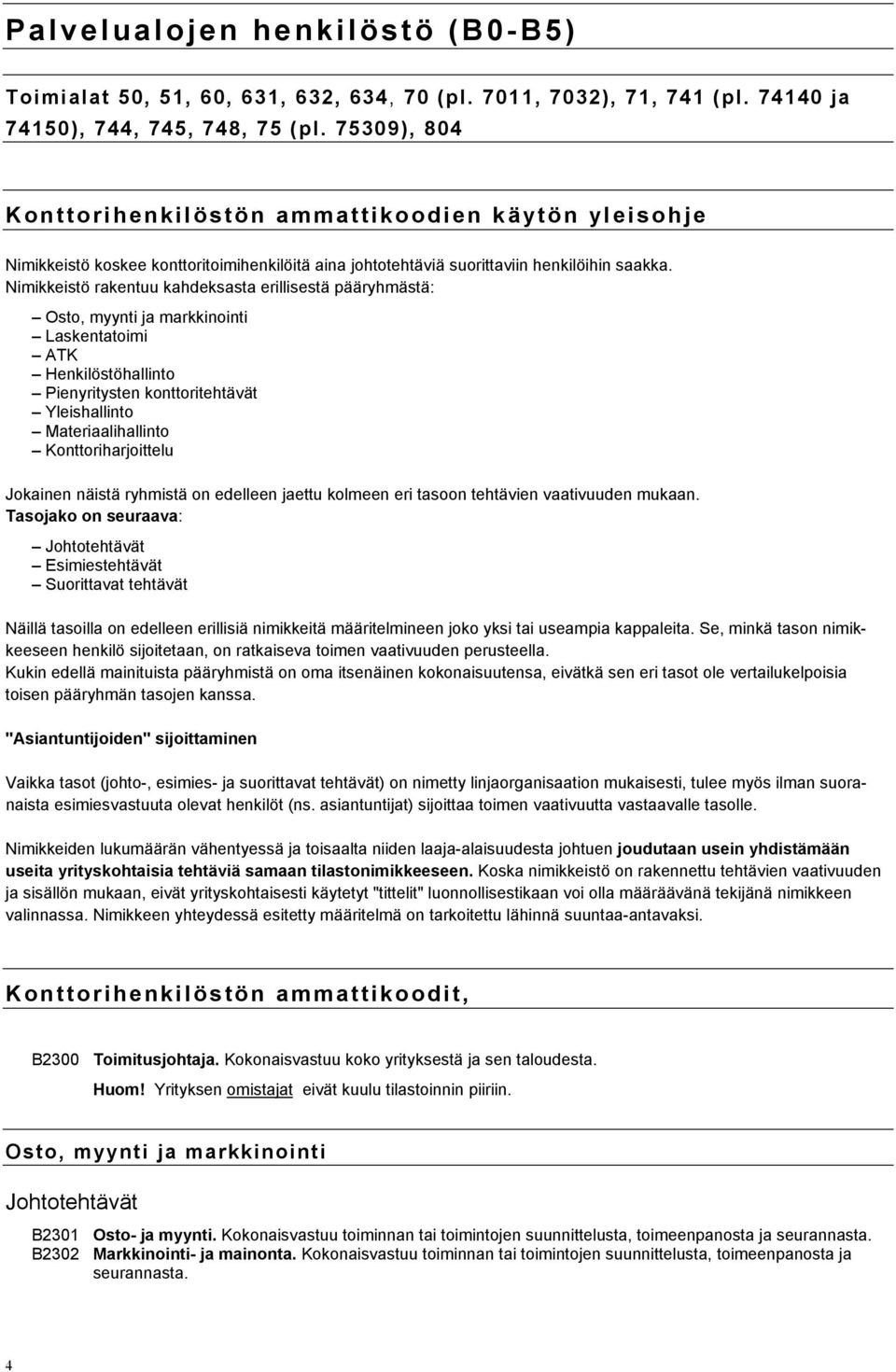 Nimikkeistö rakentuu kahdeksasta erillisestä pääryhmästä: Osto, myynti ja markkinointi Laskentatoimi ATK Henkilöstöhallinto Pienyritysten konttoritehtävät Yleishallinto Materiaalihallinto