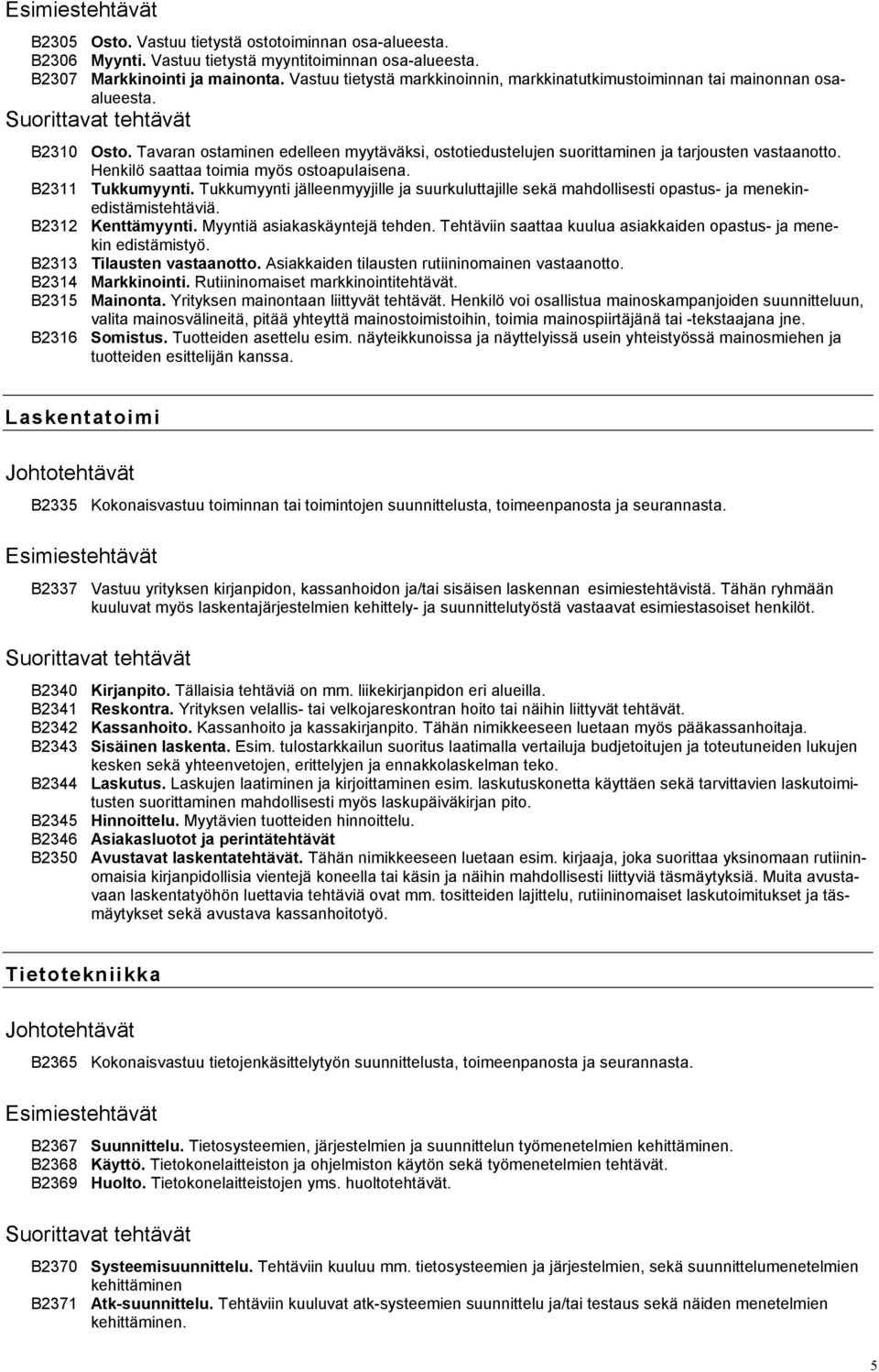 Tavaran ostaminen edelleen myytäväksi, ostotiedustelujen suorittaminen ja tarjousten vastaanotto. Henkilö saattaa toimia myös ostoapulaisena. B2311 Tukkumyynti.