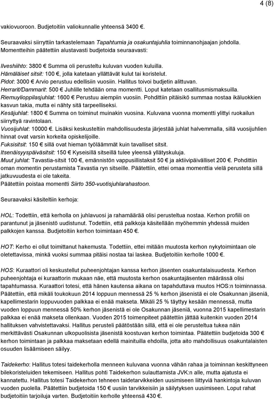 Pidot: 3000 Arvio perustuu edellisiin vuosiin. Hallitus toivoi budjetin alittuvan. Herrarit/Dammarit: 500 Juhlille tehdään oma momentti. Loput katetaan osallitusmismaksuilla.