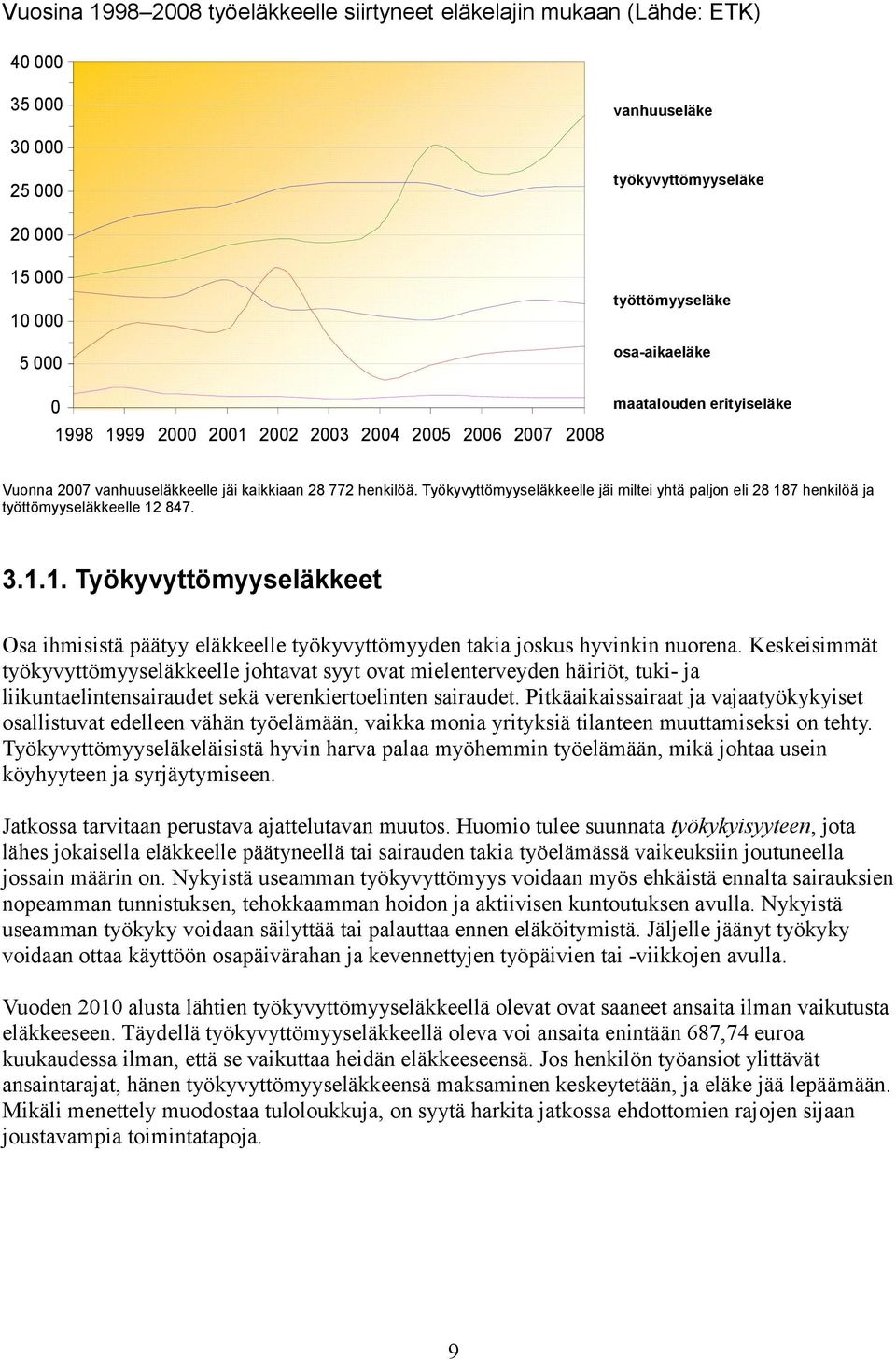 Työkyvyttömyyseläkkeelle jäi miltei yhtä paljon eli 28 187 henkilöä ja työttömyyseläkkeelle 12 847. 3.1.1. Työkyvyttömyyseläkkeet Osa ihmisistä päätyy eläkkeelle työkyvyttömyyden takia joskus hyvinkin nuorena.