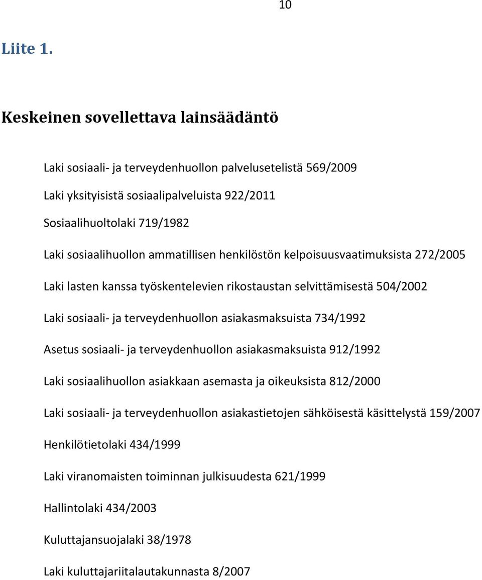 ammatillisen henkilöstön kelpoisuusvaatimuksista 272/2005 Laki lasten kanssa työskentelevien rikostaustan selvittämisestä 504/2002 Laki sosiaali- ja terveydenhuollon asiakasmaksuista 734/1992