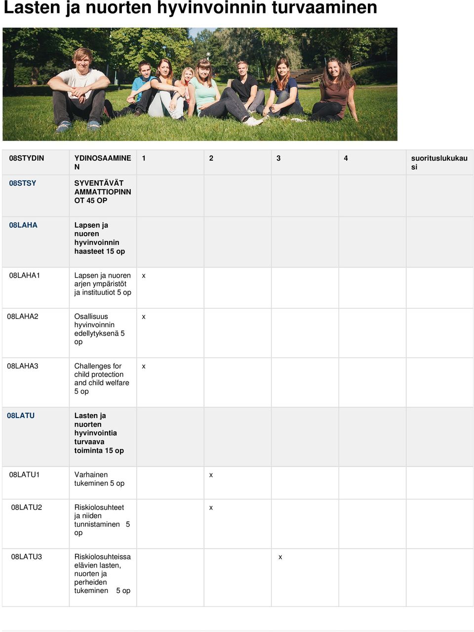 edellytyksenä 5 op 08LAHA3 Challenges for child protection and child welfare 5 op 08LATU Lasten ja nuorten hyvinvointia turvaava toiminta 15 op