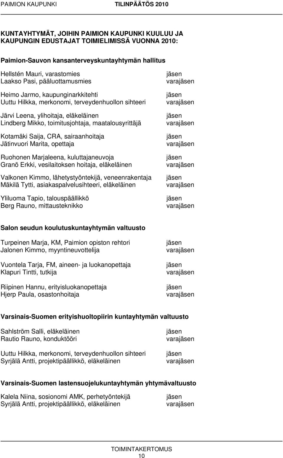 Saija, CRA, sairaanhoitaja Jätinvuori Marita, opettaja Ruohonen Marjaleena, kuluttajaneuvoja Granö Erkki, vesilaitoksen hoitaja, eläkeläinen Valkonen Kimmo, lähetystyöntekijä, veneenrakentaja Mäkilä