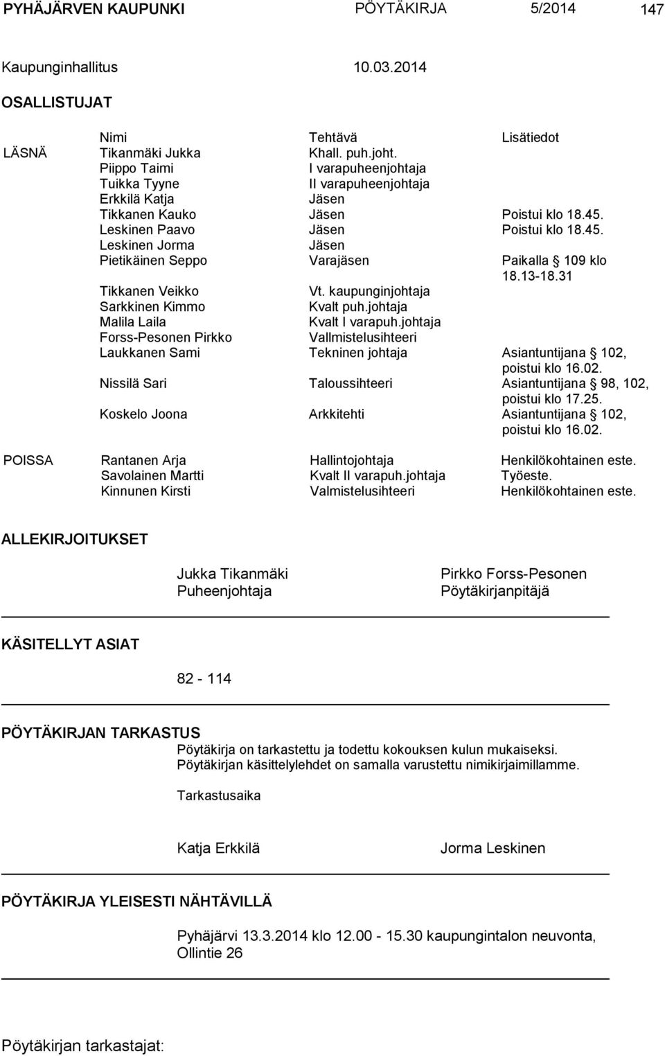 13-18.31 Tikkanen Veikko Vt. kaupunginjohtaja Sarkkinen Kimmo Kvalt puh.johtaja Malila Laila Kvalt I varapuh.