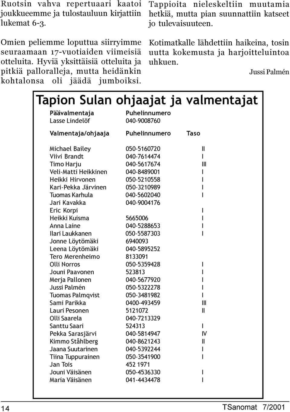 Tapion Sulan ohjaajat ja valmentajat Päävalmentaja Puhelinnumero Lasse Lindelöf 4-9876 Valmentaja/ohjaaja Puhelinnumero Taso Michael Bailey 5-51672 II Viivi Brandt 4-7614474 I Timo Harju 4-5617674