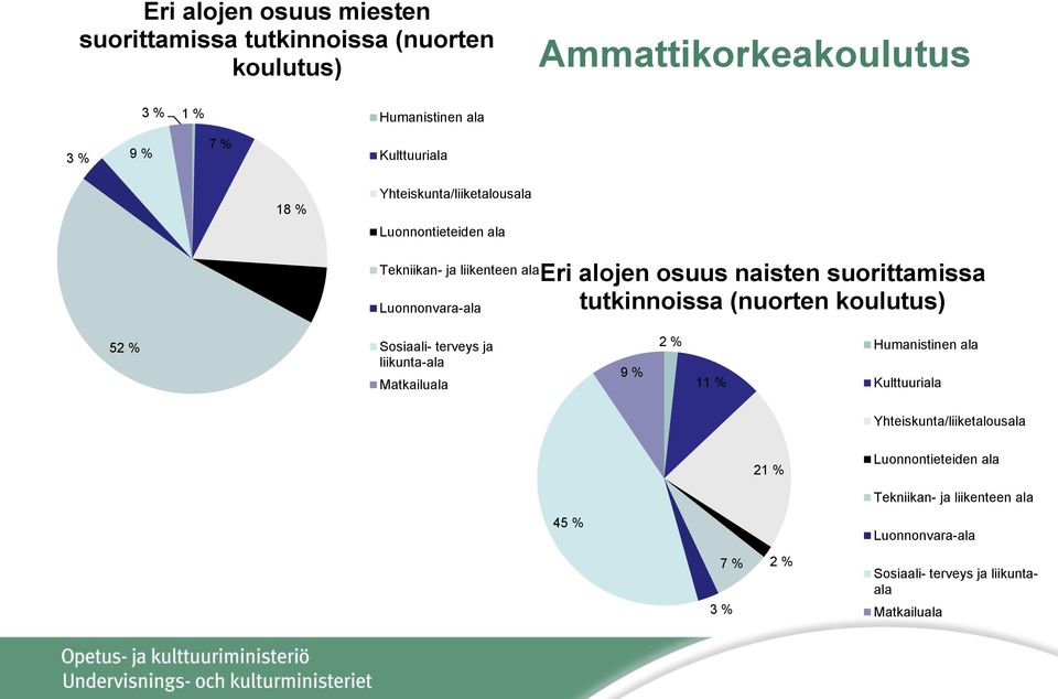 tutkinnoissa (nuorten koulutus) 52 % Sosiaali- terveys ja liikunta-ala Matkailuala 9 % 2 % 11 % Humanistinen ala Kulttuuriala