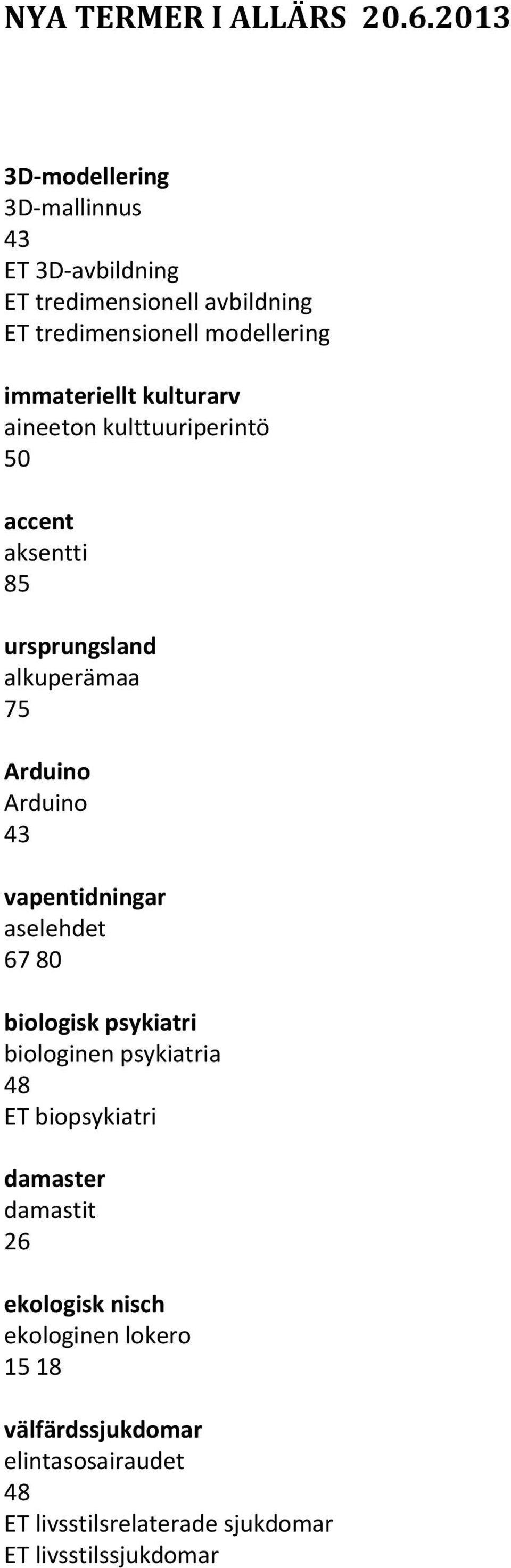 immateriellt kulturarv aineeton kulttuuriperintö 50 accent aksentti 85 ursprungsland alkuperämaa 75 Arduino Arduino