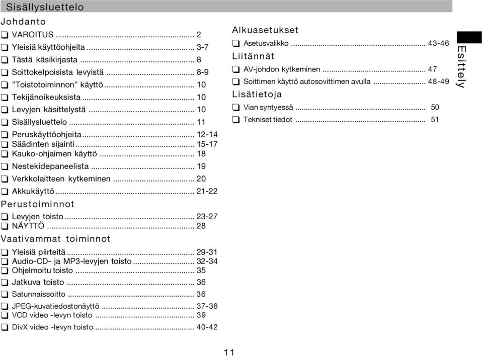 .. 19 o Verkkolaitteen kytkeminen... 20 o Akkukäyttö... 21-22 Perustoiminnot o Levyjen toisto... 23-27 o NÄYTTÖ... 28 Vaativammat toiminnot o Yleisiä piirteitä.