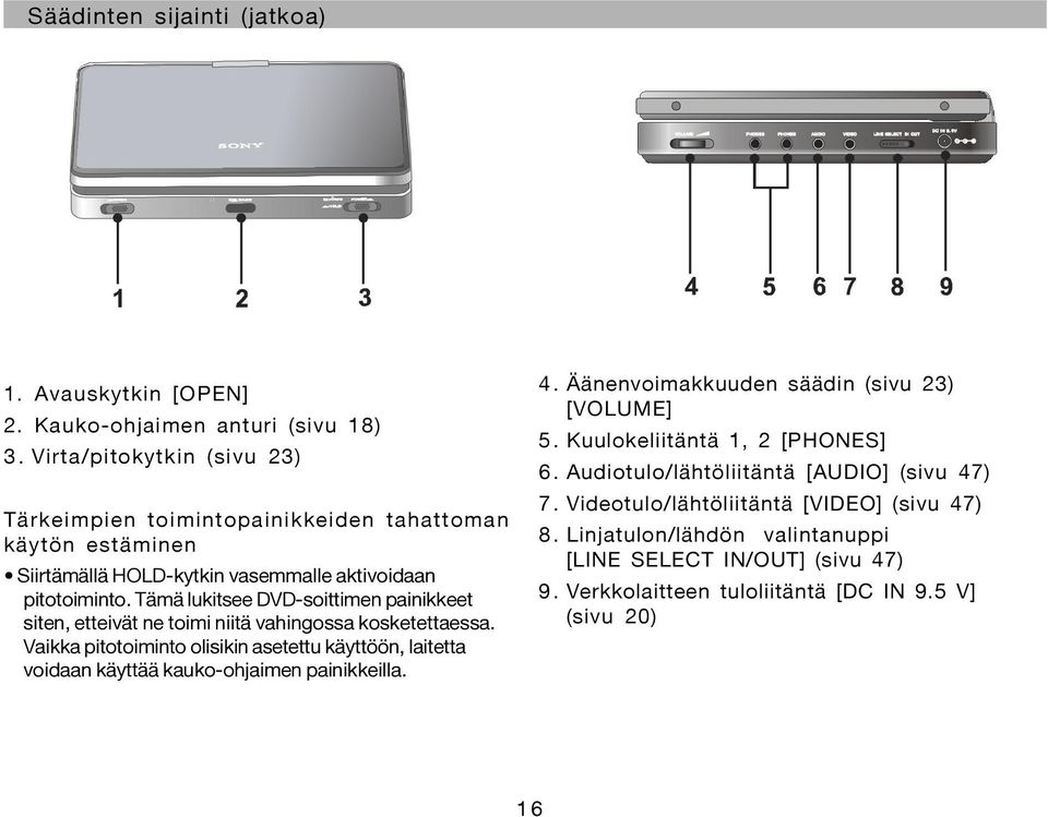 Tämä lukitsee DVD-soittimen painikkeet siten, etteivät ne toimi niitä vahingossa kosketettaessa.