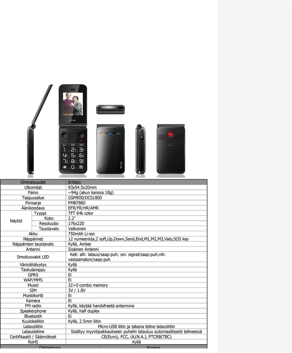 LED Kelt: alh: lataus/saap:puh; sin: signal/saap:puh;vih: vastaamaton/saap:puh Värinähälyytys Taskulamppu GPRS WAP/MMS Muisti 32+0 combo memory SIM 3V / 1.