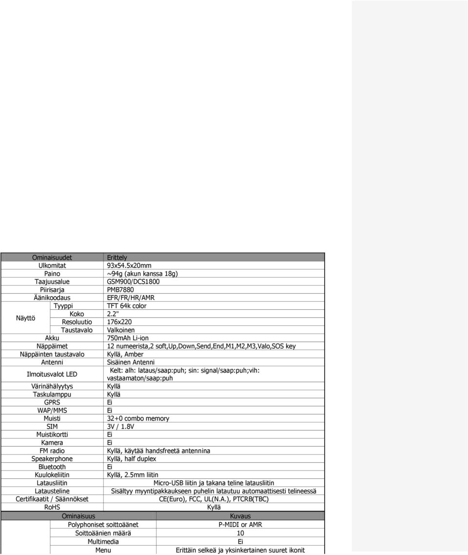 LED Kelt: alh: lataus/saap:puh; sin: signal/saap:puh;vih: vastaamaton/saap:puh Värinähälyytys Taskulamppu GPRS WAP/MMS Muisti 32+0 combo memory SIM 3V / 1.