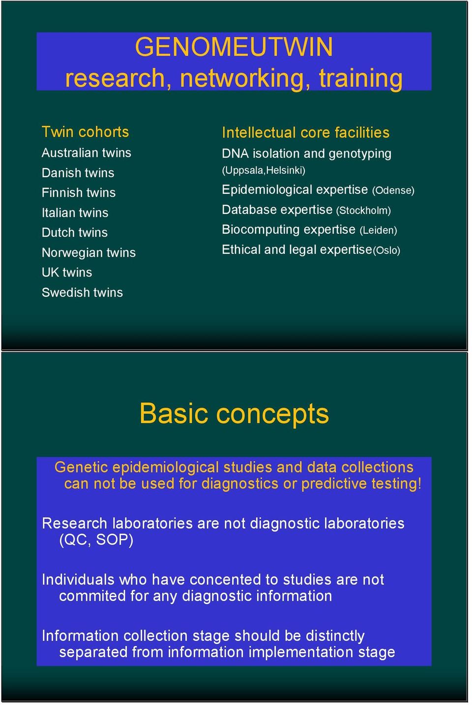 expertise(oslo) Basic concepts Genetic epidemiological studies and data collections can not be used for diagnostics or predictive testing!
