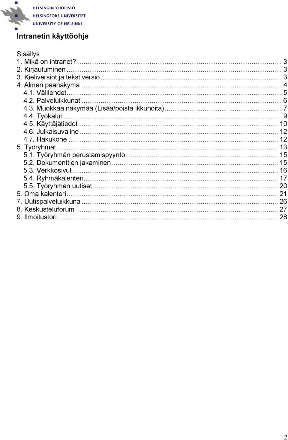 .. 12 4.7. Hakukone... 12 5. Työryhmät... 13 5.1. Työryhmän perustamispyyntö... 15 5.2. Dokumenttien jakaminen... 15 5.3. Verkkosivut... 16 5.4. Ryhmäkalenteri.