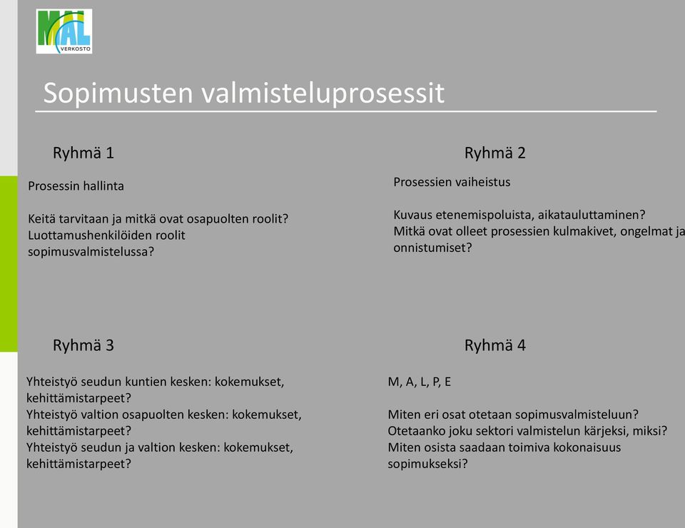 Ryhmä 3 Ryhmä 4 Yhteistyö seudun kuntien kesken: kokemukset, kehittämistarpeet? Yhteistyö valtion osapuolten kesken: kokemukset, kehittämistarpeet?