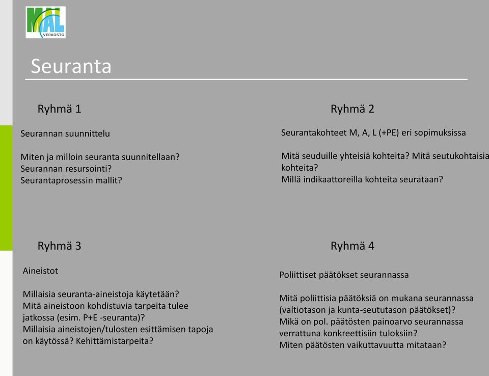 Ryhmä 3 Ryhmä 4 Aineistot Millaisia seuranta-aineistoja käytetään? Mitä aineistoon kohdistuvia tarpeita tulee jatkossa (esim. P+E -seuranta)?