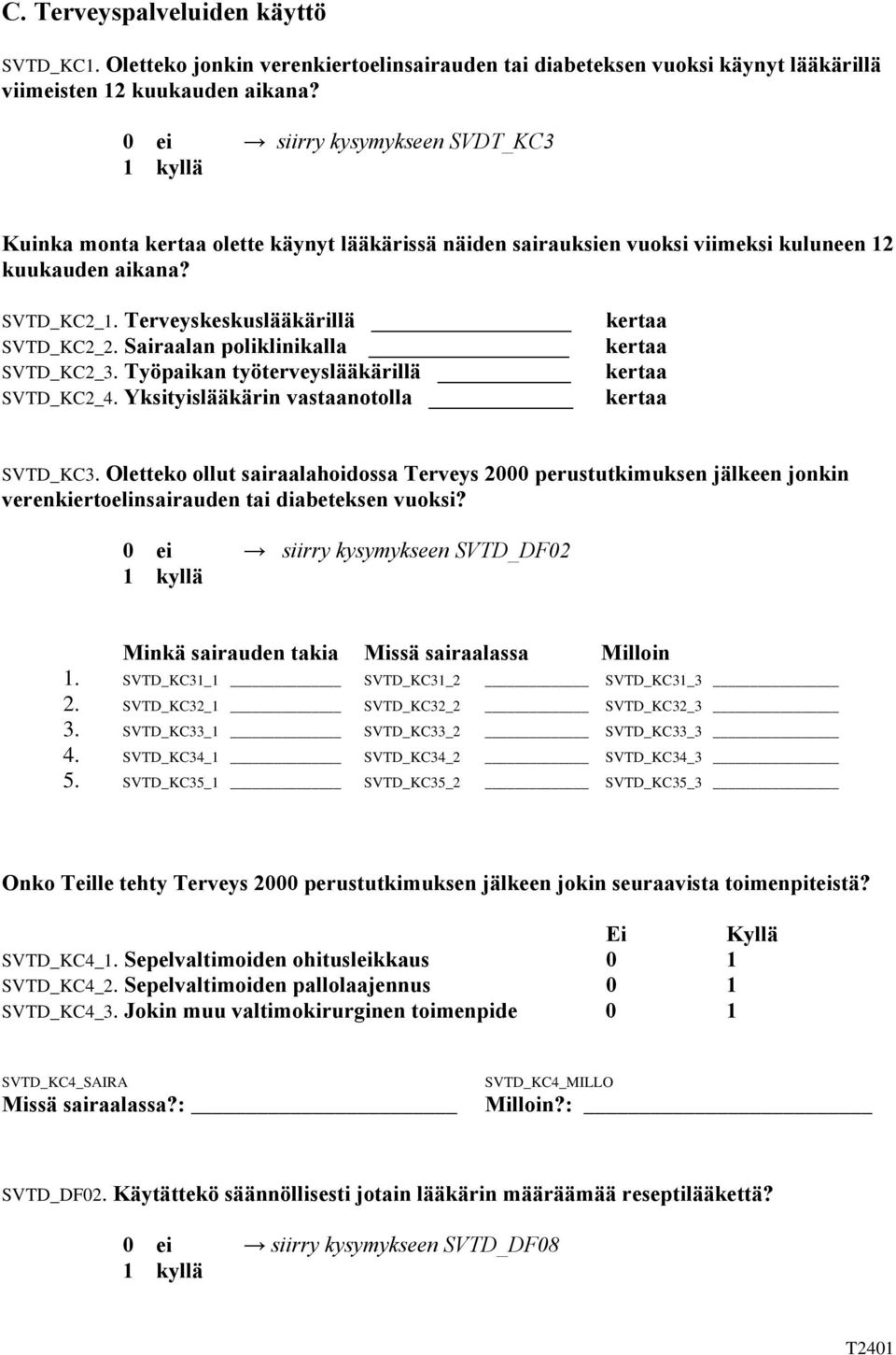 Sairaalan poliklinikalla SVTD_KC2_3. Työpaikan työterveyslääkärillä SVTD_KC2_4. Yksityislääkärin vastaanotolla SVTD_KC3.