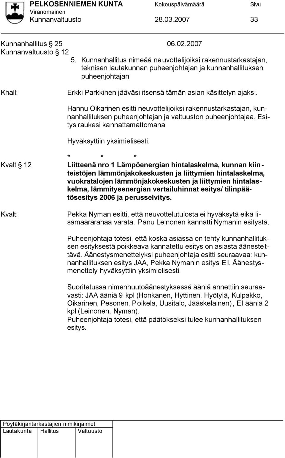 ajaksi. Hannu Oikarinen esitti neuvottelijoiksi rakennustarkastajan, kunnanhallituksen puheenjohtajan ja valtuuston puheenjohtajaa. Esitys raukesi kannattamattomana.