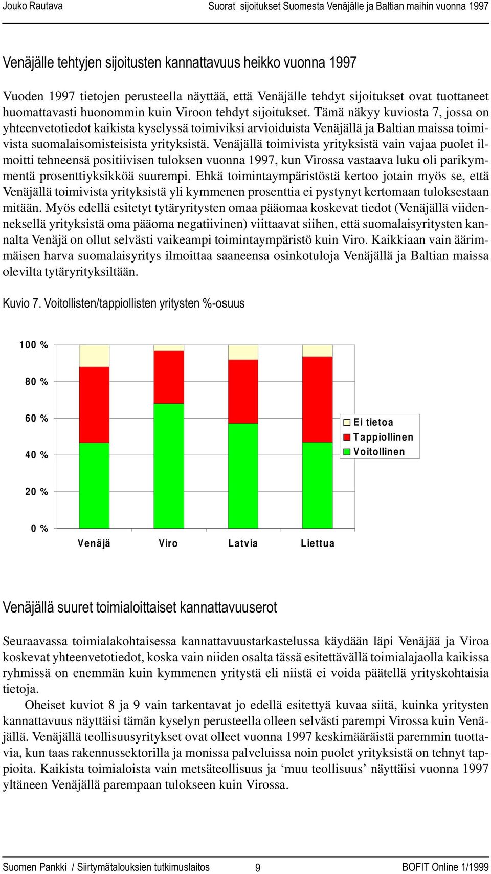 Venäjällä toimivista yrityksistä vain vajaa puolet ilmoitti tehneensä positiivisen tuloksen vuonna 1997, kun Virossa vastaava luku oli parikymmentä prosenttiyksikköä suurempi.