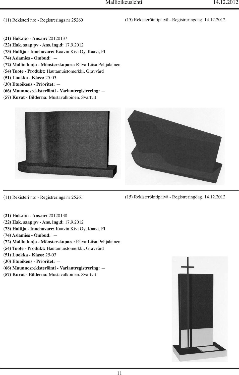 Gravvård (51) Luokka - Klass: 25-03 (11) Rekisteri.n:o - Registrerings.nr 25261 (15) Rekisteröintipäivä - Registreringdag. 14.12.2012 (21) Hak.n:o - Ans.nr: 20120138 (22) Hak. saap.