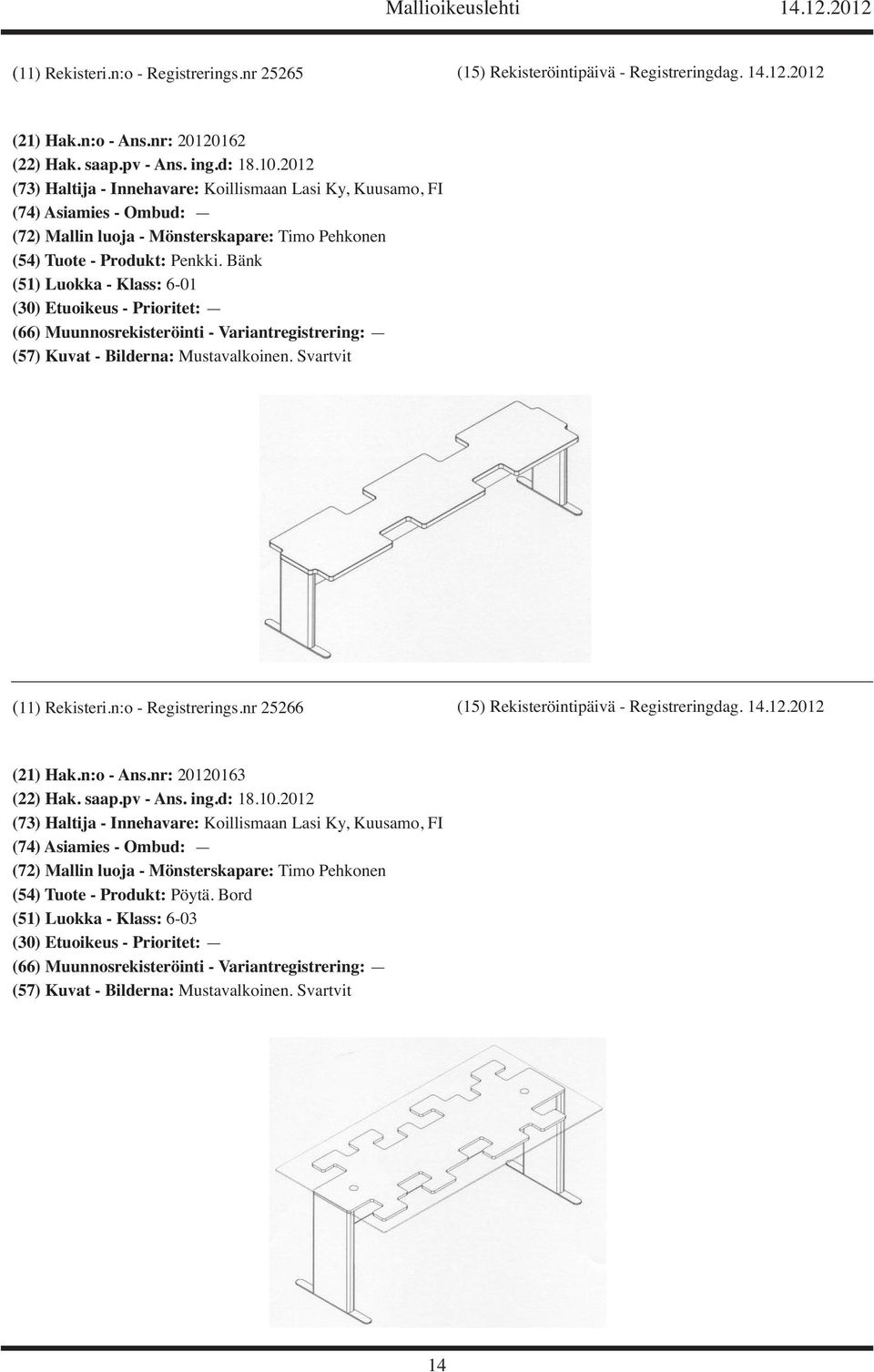 Bänk (51) Luokka - Klass: 6-01 (11) Rekisteri.n:o - Registrerings.nr 25266 (15) Rekisteröintipäivä - Registreringdag. 14.12.2012 (21) Hak.n:o - Ans.nr: 20120163 (22) Hak.