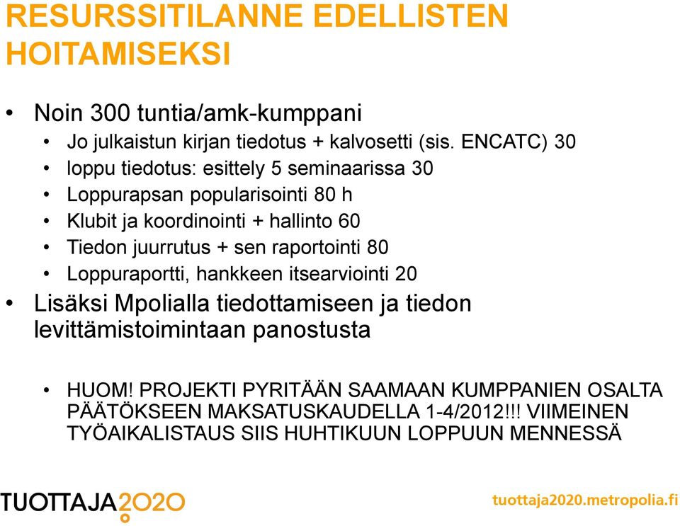 juurrutus + sen raportointi 80 Loppuraportti, hankkeen itsearviointi 20 Lisäksi Mpolialla tiedottamiseen ja tiedon levittämistoimintaan