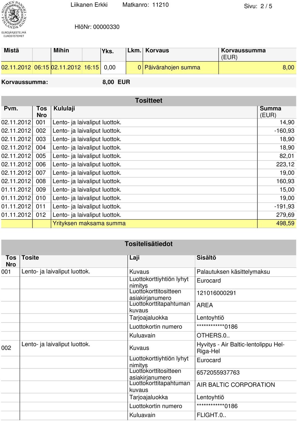 11.2012 008 160,93 01.11.2012 009 15,00 01.11.2012 010 19,00 01.11.2012 011-191,93 01.11.2012 012 279,69 Yrityksen maksama summa 498,59 Tositelisätiedot Tos Tosite