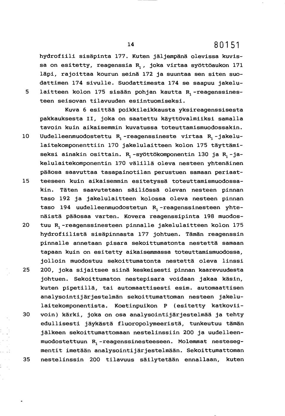 Suodattimesta 174 se saapuu jakelu- 5 laitteen kolon 175 sisään pohjan kautta R 1 -reagenssinesteen seisovan tilavuuden esiintuomiseksi.