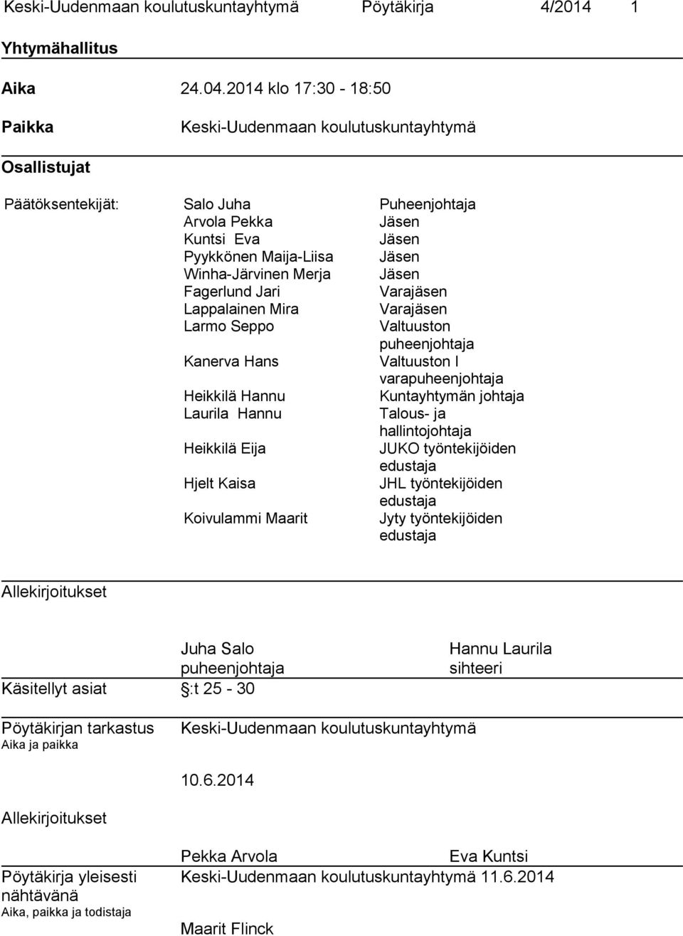 Merja Jäsen Fagerlund Jari Varajäsen Lappalainen Mira Varajäsen Larmo Seppo Valtuuston puheenjohtaja Kanerva Hans Valtuuston I varapuheenjohtaja Heikkilä Hannu Kuntayhtymän johtaja Laurila Hannu