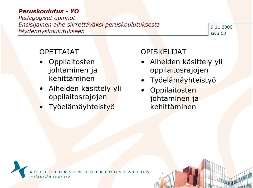 2006 sivu 13 OPETTAJAT Oppilaitosten johtaminen ja kehittäminen Aiheiden käsittely yli