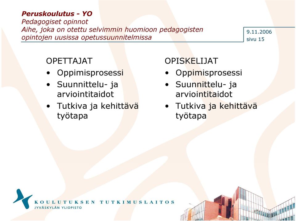 2006 sivu 15 OPETTAJAT Oppimisprosessi Suunnittelu- ja arviointitaidot Tutkiva