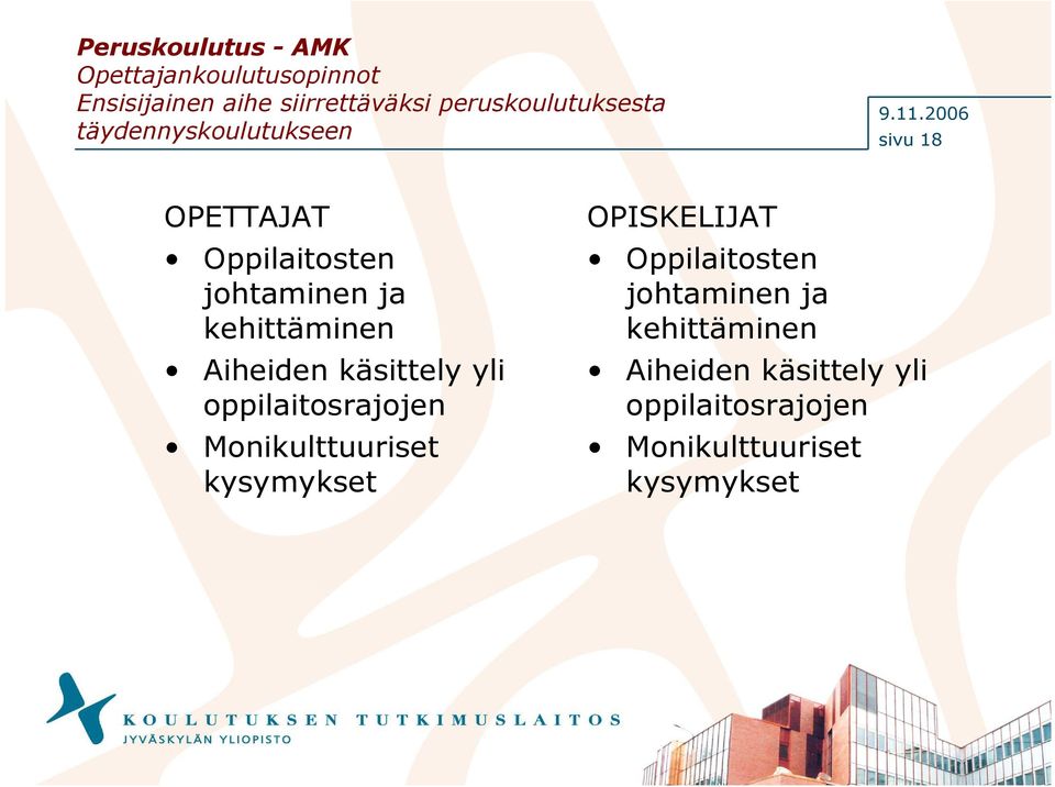 2006 sivu 18 OPETTAJAT Oppilaitosten johtaminen ja kehittäminen Aiheiden käsittely yli