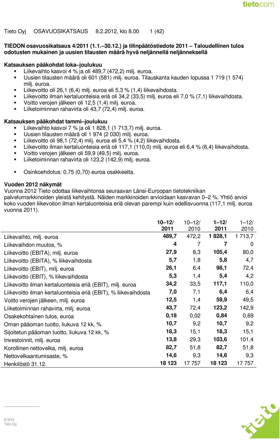 ) ja tilinpäätöstiedote 2011 Taloudellinen tulos odotusten mukainen ja uusien tilausten määrä hyvä neljännellä neljänneksellä Katsauksen pääkohdat loka joulukuu Liikevaihto kasvoi 4 % ja oli 489,7