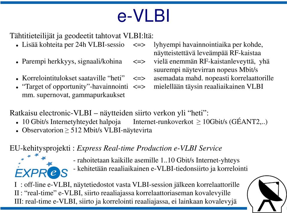 nopeasti korrelaattorille Target of opportunity -havainnointi <=> mielellään täysin reaaliaikainen VLBI mm.