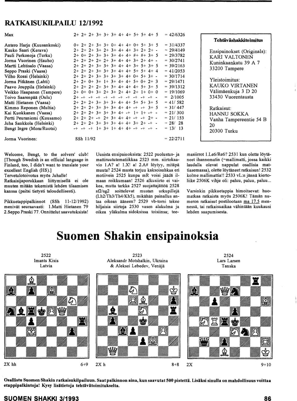 Saukkola (Helsinki) Bengt Ingre (MoralRuotsi) Jorma Vuorinen: 2+ 2+ 2+ 3+ 3+ 3+ 4+ 4+ 5+ 5+ 4+ 5 = 42/6326 0+ 2+ 2+ 3+ 3+ 0+ 4+ 4+ 0+ 5+ 3+ 5 2+ 2+ 2+ 3+ 2+ 3+ 4+ 4+ 3+ 2+ 2+ - 2+ 0+ 2+ 3+ 3+ 3+ 4+