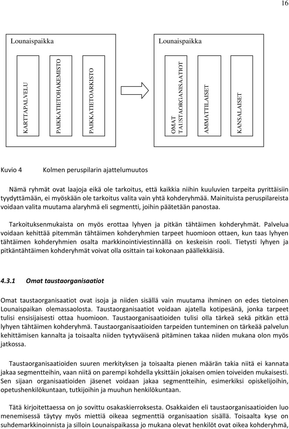 Mainituista peruspilareista voidaan valita muutama alaryhmä eli segmentti, joihin päätetään panostaa. Tarkoituksenmukaista on myös erottaa lyhyen ja pitkän tähtäimen kohderyhmät.