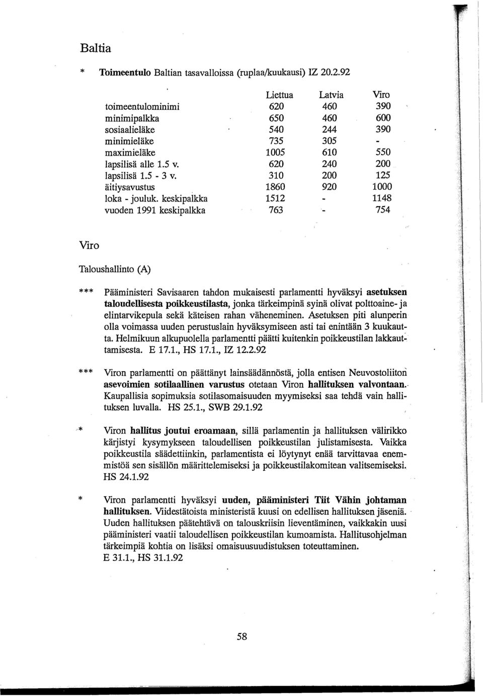 keskipalkka vuoden 1991 keskipalkka Liettua 620 650 540 735 1005 620 310 1860 1512 763 Latvia 460 460 244 305 610 240 200 920 Viro 390 600 390 550 200 125 1000 1148 754 Viro Taloushallinto (A)