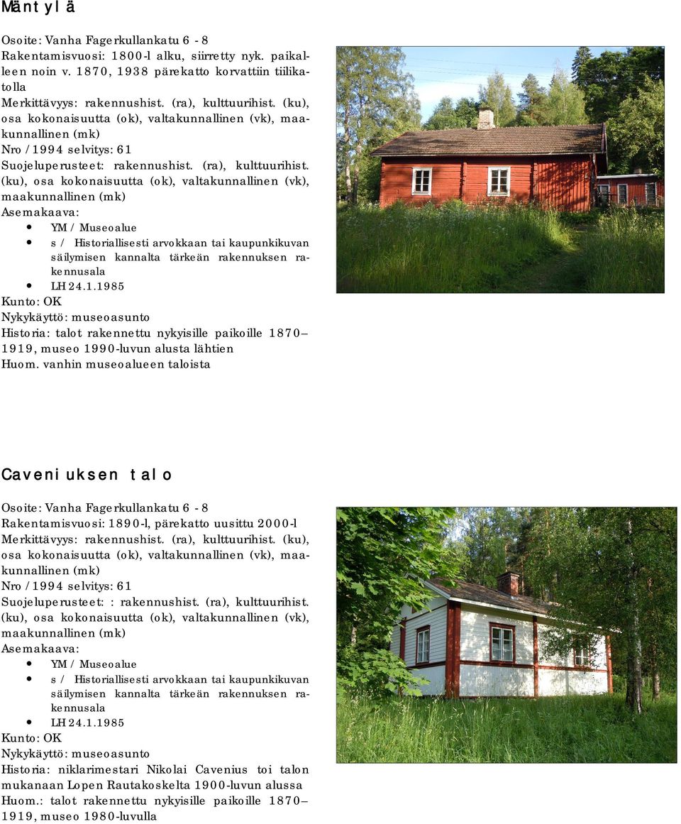 1985 Nykykäyttö: museoasunto Historia: talot rakennettu nykyisille paikoille 1870 1919, museo 1990-luvun alusta lähtien Huom.