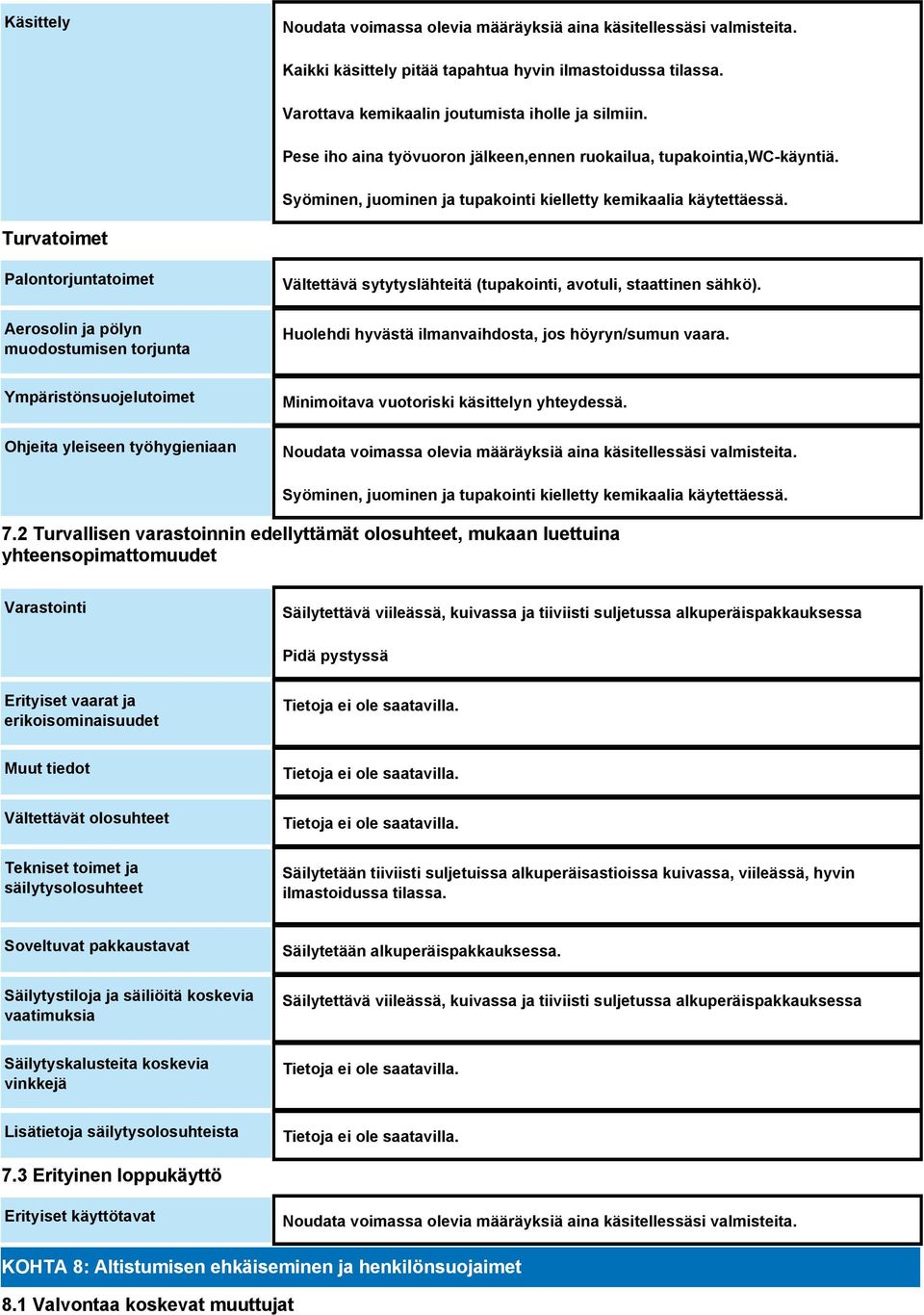 Turvatoimet Palontorjuntatoimet Aerosolin ja pölyn muodostumisen torjunta Vältettävä sytytyslähteitä (tupakointi, avotuli, staattinen sähkö). Huolehdi hyvästä ilmanvaihdosta, jos höyryn/sumun vaara.