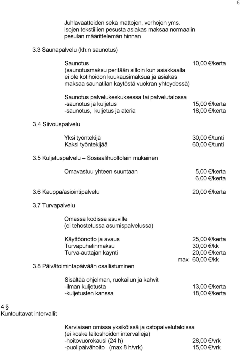 Saunotus palvelukeskuksessa tai palvelutalossa -saunotus ja kuljetus -saunotus, kuljetus ja ateria 15,00 /kerta 18,00 /kerta 3.