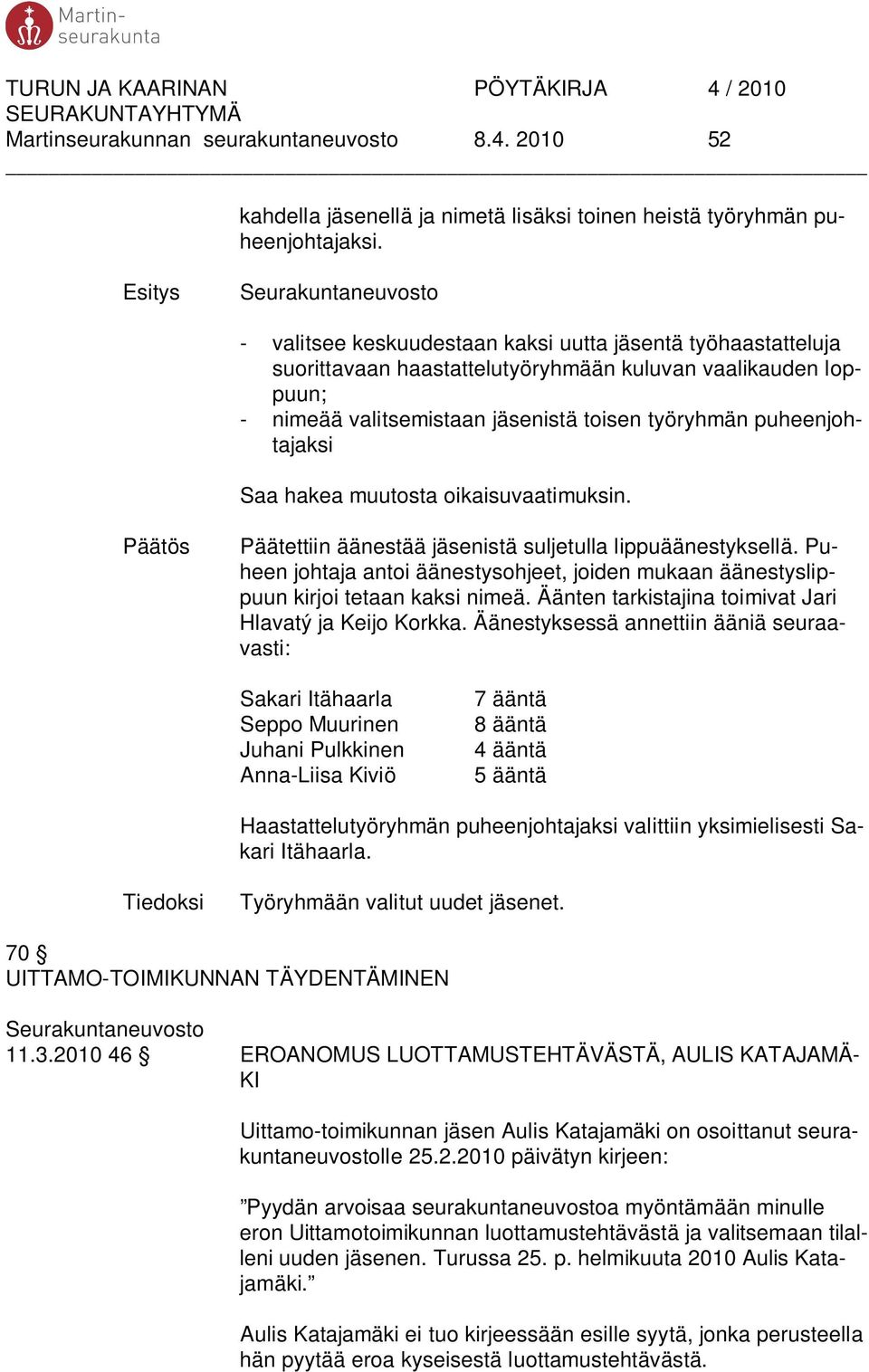 hakea muutosta oikaisuvaatimuksin. Päätettiin äänestää jäsenistä suljetulla lippuäänestyksellä. Puheen johtaja antoi äänestysohjeet, joiden mukaan äänestyslippuun kirjoi tetaan kaksi nimeä.