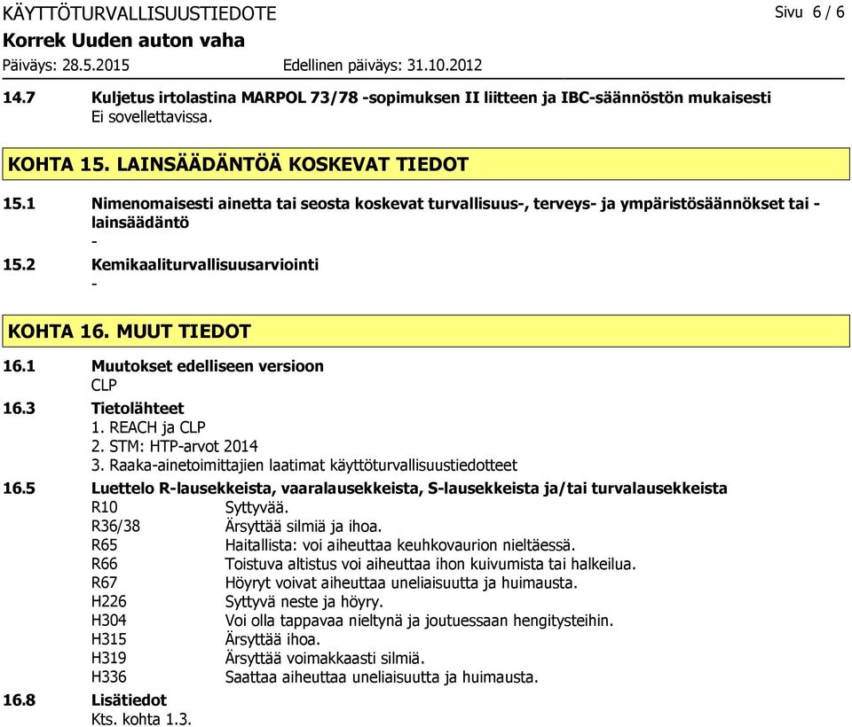 1 Muutokset edelliseen versioon CLP 16.3 Tietolähteet 1. REACH ja CLP 2. STM: HTParvot 2014 3. Raakaainetoimittajien laatimat käyttöturvallisuustiedotteet 16.